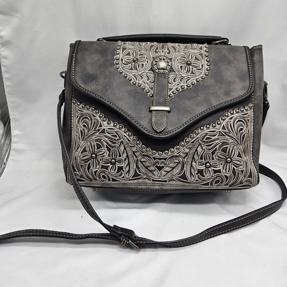 Montana West Gray Embossed Floral Satchel with Stud Accents